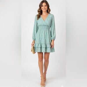Long Sleeve Seafoam Green & White Ruffle Trim Dress